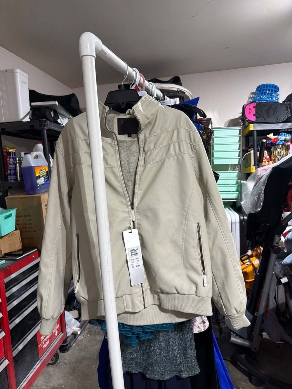American Breed Men's White Faux Leather Bomber Jacket with Sherpa Lining